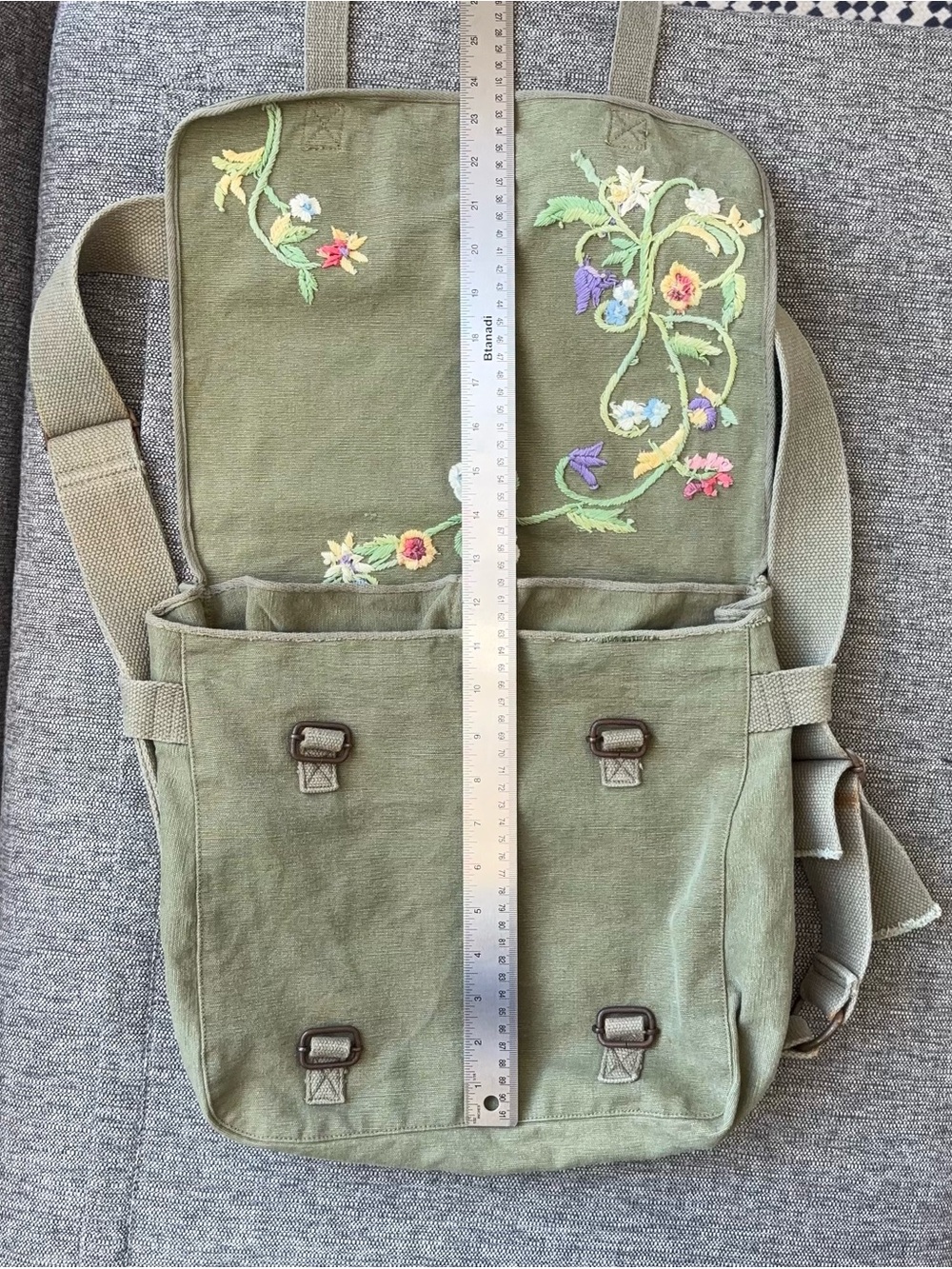 Ralph Lauren Rugby Embroidered Floral Green Canvas Crossbody Messenger Bag - Picture 14 of 15